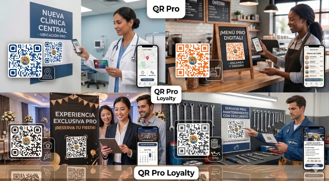 Ejemplos de AnuncioQR para negocios: menú digital, consultorio médico, tarjetas de lealtad y eventos.