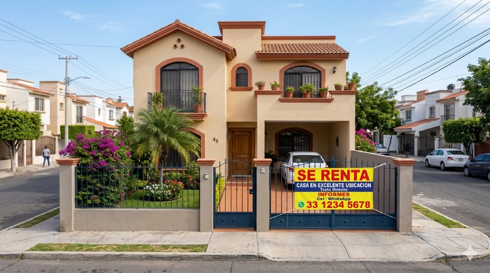 Una casa en renta con una lona publicitaria que incluye un código QR para automatizar la atención al rentar una casa.