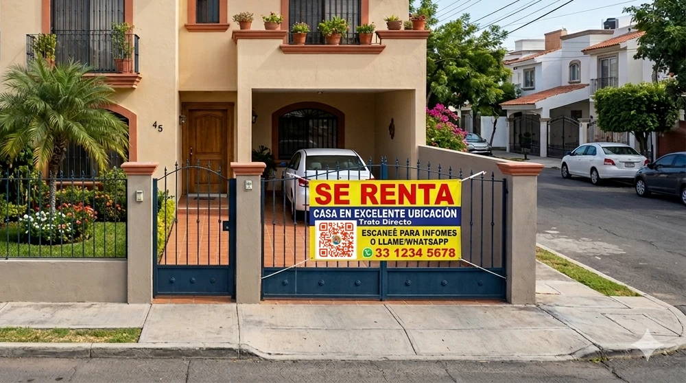 Fachada de propiedad residencial con lona de 'Se Renta' en el portón, lista para quien busca rentar una casa rápido.